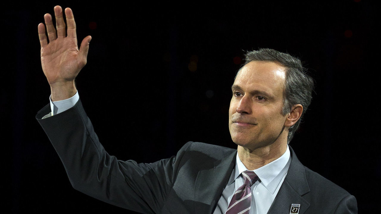ANAHEIM, CA - FEBRUARY 17: Scott Niedermayer waves to the crowd during his jersey retirement ceremony prior to the game between the Anaheim Ducks and the Washington Capitals on February 17, 2019 at Honda Center in Anaheim, California.