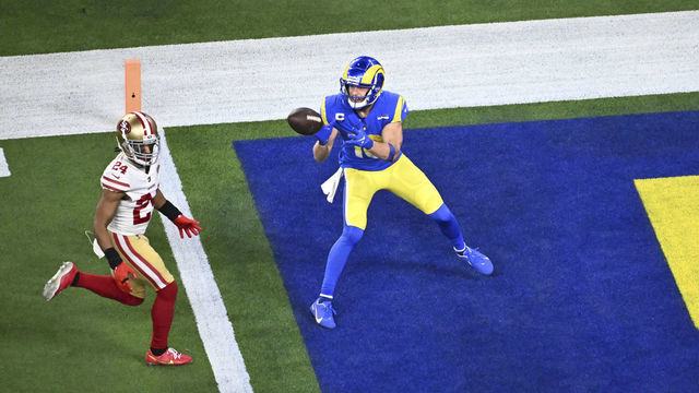 Football: NFL Playoffs: Aerial view of Los Angeles Rams Cooper Kupp (10) in action, making touchdown catch vs San Francisco 49ers at SoFi Stadium. Inglewood, CA 1/30/2022 CREDIT: Kohjiro Kinno