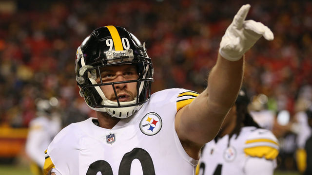 KANSAS CITY, MO - JANUARY 16: Pittsburgh Steelers outside linebacker T.J. Watt (90) points to fans before an AFC wild card playoff game between the Pittsburgh Steelers and Kansas City Chiefs on Jan 16, 2022 at GEHA Field at Arrowhead Stadium in Kansas City, MO.