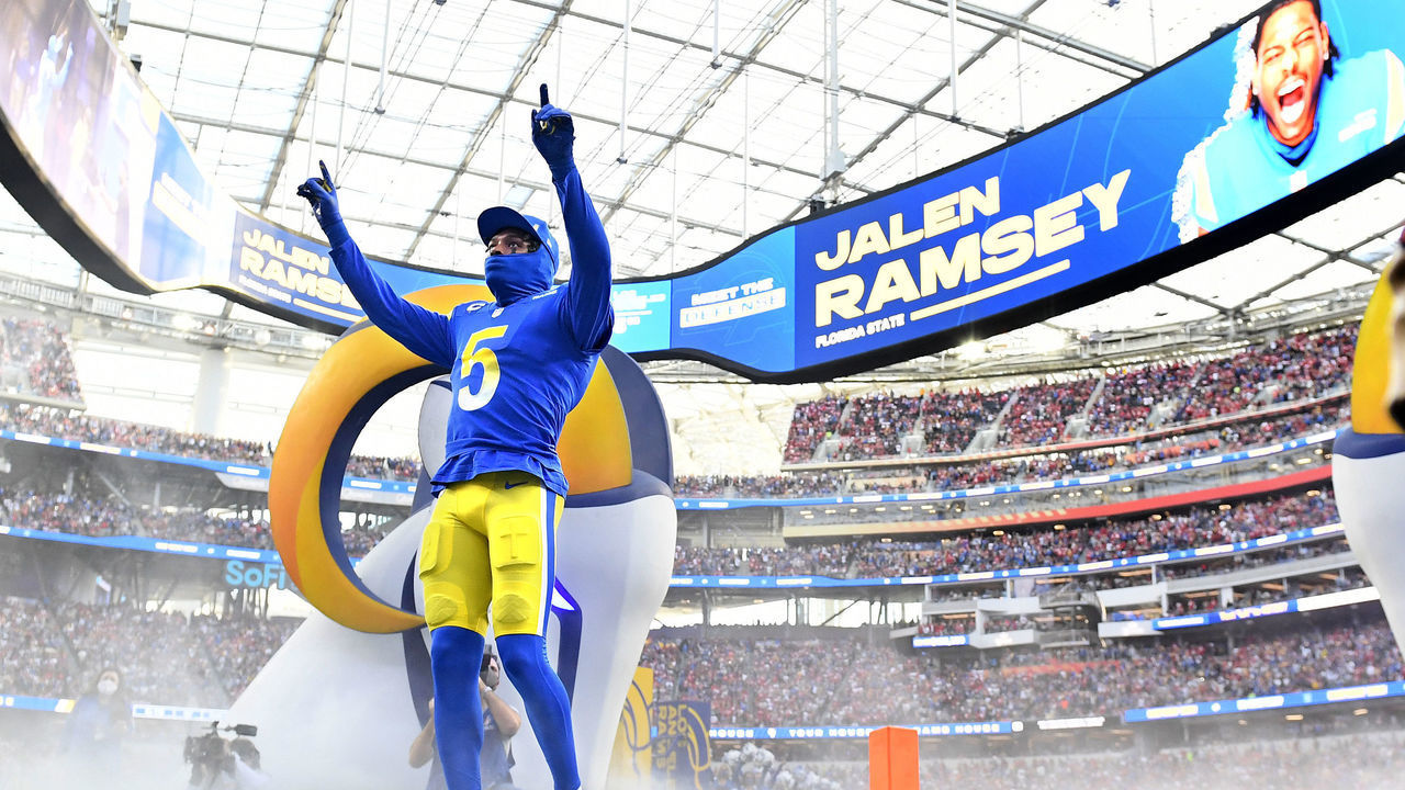 Inglewood, California January 30, 2022: Rams cornerback Jalen Ramsey is introduced before a game against the 49ers in the NFC Championship at SoFi Stadium in Inglewood Sunday. (Wally Skalij/Los Angeles Times via Getty Images)