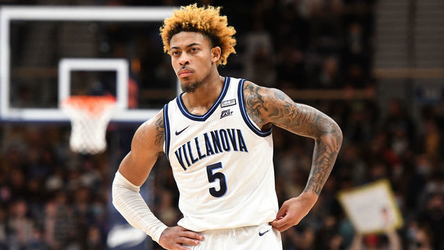 VILLANOVA, PENNSYLVANIA - JANUARY 25: Justin Moore #5 of the Villanova Wildcats looks on in the second half during a college basketball game against the DePaul Blue Demons at the Finnegan Pavilion on January 25, 2022 in Villanova, Pennsylvania.