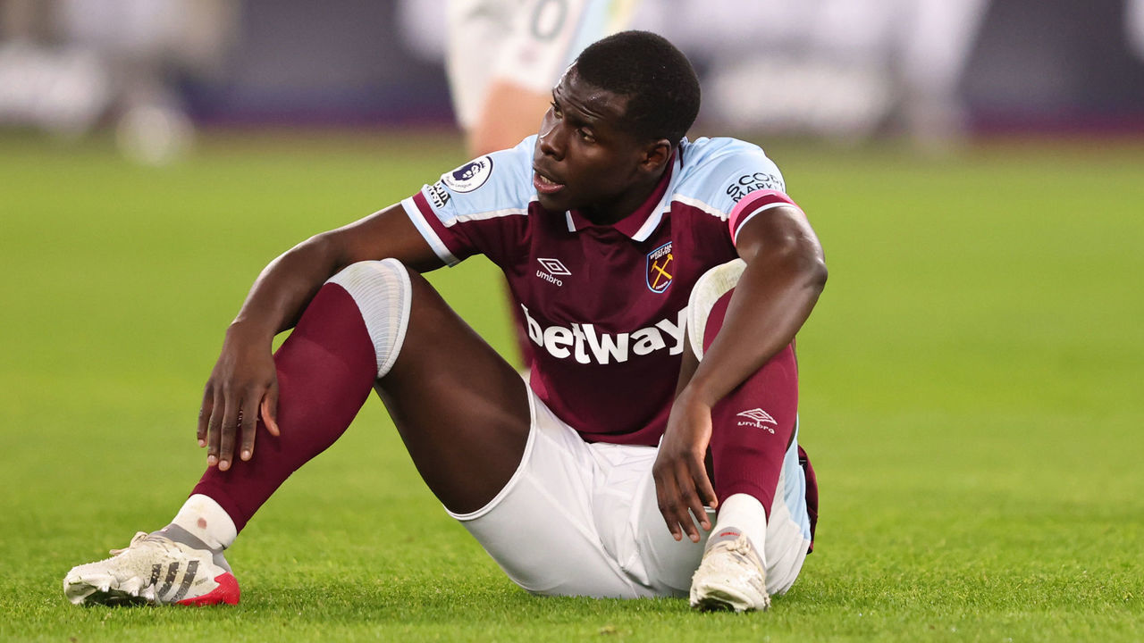 LONDON, ENGLAND - FEBRUARY 08: Kurt Zouma of West Ham United looks dejected after the Premier League match between West Ham United and Watford at London Stadium on February 8, 2022 in London, United Kingdom.