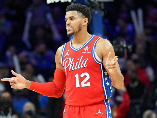 PHILADELPHIA, PA - FEBRUARY 8: Tobias Harris #12 of the Philadelphia 76ers reacts during a game against the Phoenix Suns on February 8, 2022 at Wells Fargo Center in Philadelphia, Pennsylvania. NOTE TO USER: User expressly acknowledges and agrees that, by downloading and/or using this Photograph, user is consenting to the terms and conditions of the Getty Images License Agreement. Mandatory Copyright Notice: Copyright 2022 NBAE