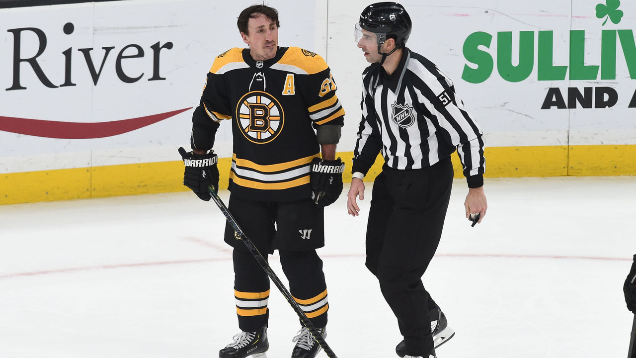 BOSTON, MA - FEBRUARY 8: Brad Marchand #63 of the Boston Bruins leaves the third period against the Pittsburgh Penguins at the TD Garden on February 8, 2022 in Boston, Massachusetts.