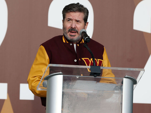 LANDOVER, MARYLAND - FEBRUARY 02: Team co-owner Dan Snyder speaks during the announcement of the Washington Football Team's name change to the Washington Commanders at FedExField on February 02, 2022 in Landover, Maryland.