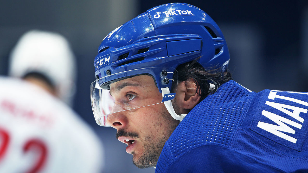 TORONTO, ON - FEBRUARY 7: Auston Matthews #34 of the Toronto Maple Leafs waits for play to resume against the Carolina Hurricanes during an NHL game at Scotiabank Arena on February 7, 2022 in Toronto, Ontario, Canada. The Maple Leafs defeated the Hurricanes 4-3 in overtime.