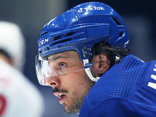 TORONTO, ON - FEBRUARY 7: Auston Matthews #34 of the Toronto Maple Leafs waits for play to resume against the Carolina Hurricanes during an NHL game at Scotiabank Arena on February 7, 2022 in Toronto, Ontario, Canada. The Maple Leafs defeated the Hurricanes 4-3 in overtime.