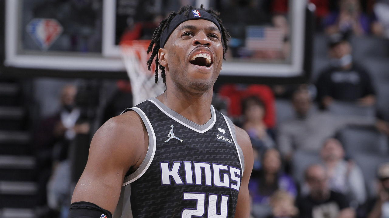SACRAMENTO, CA - FEBRUARY 2: Buddy Hield #24 of the Sacramento Kings reacts during the game against the Brooklyn Nets on February 2, 2022 at Golden 1 Center in Sacramento, California. NOTE TO USER: User expressly acknowledges and agrees that, by downloading and or using this photograph, User is consenting to the terms and conditions of the Getty Images Agreement. Mandatory Copyright Notice: Copyright 2022 NBAE