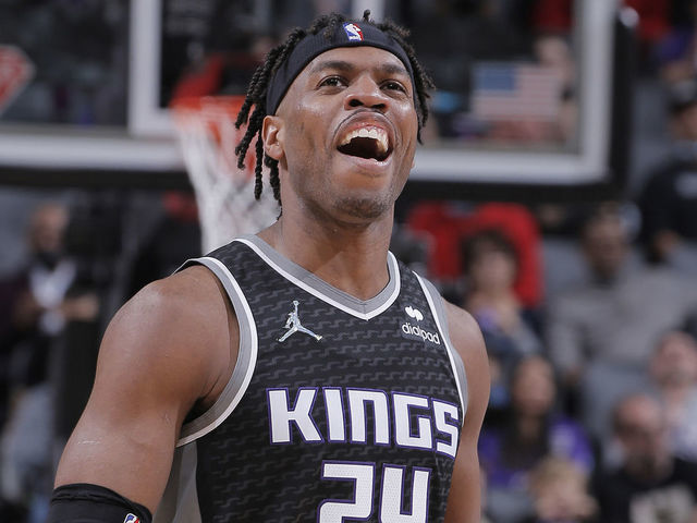 SACRAMENTO, CA - FEBRUARY 2: Buddy Hield #24 of the Sacramento Kings reacts during the game against the Brooklyn Nets on February 2, 2022 at Golden 1 Center in Sacramento, California. NOTE TO USER: User expressly acknowledges and agrees that, by downloading and or using this photograph, User is consenting to the terms and conditions of the Getty Images Agreement. Mandatory Copyright Notice: Copyright 2022 NBAE