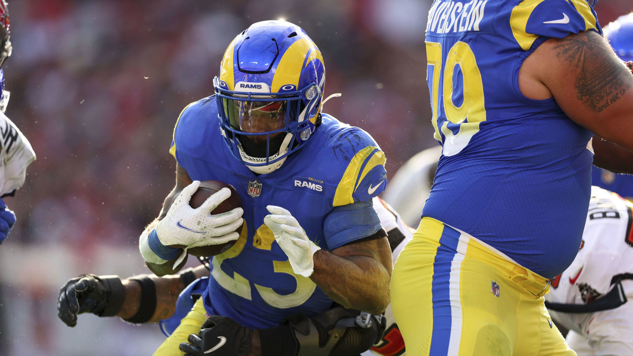 Football: NFL Playoffs: Los Angeles Rams Cam Akers (23) in action, rushing vs Tampa Bay Buccaneers at Raymond James Stadium. Tampa, FL 1/23/2022 CREDIT: Simon Bruty