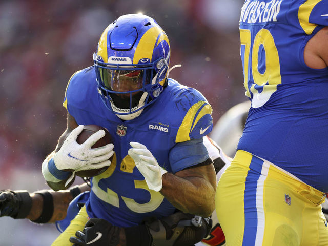 Football: NFL Playoffs: Los Angeles Rams Cam Akers (23) in action, rushing vs Tampa Bay Buccaneers at Raymond James Stadium. Tampa, FL 1/23/2022 CREDIT: Simon Bruty