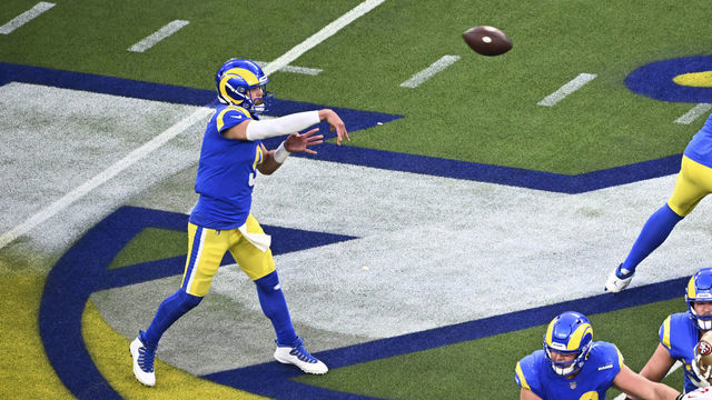 Football: NFL Playoffs: Aerial view of Los Angeles Rams QB Matthew Stafford (9) in action, passing vs San Francisco 49ers at SoFi Stadium. Inglewood, CA 1/30/2022 CREDIT: Kohjiro Kinno