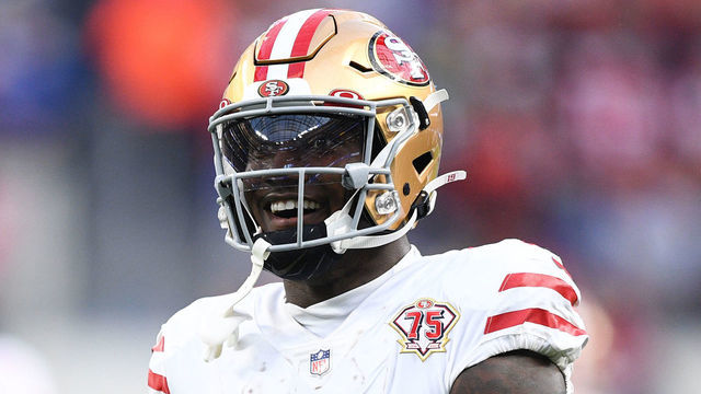 INGLEWOOD, CA - JANUARY 09: San Francisco 49ers Wide Receiver Deebo Samuel (19) celebrates after a catch during the NFL game between the San Francisco 49ers and the Los Angeles Rams on January 9, 2022, at SoFi Stadium in Inglewood, CA.