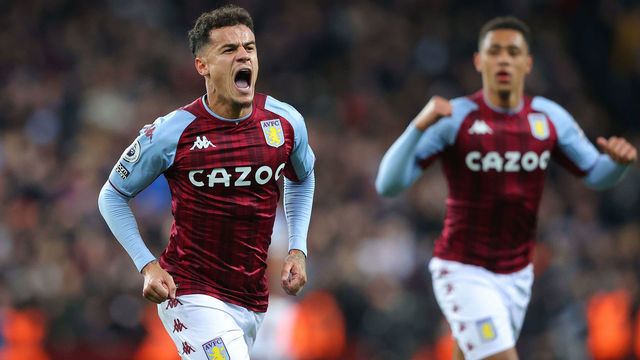 BIRMINGHAM, ENGLAND - FEBRUARY 09: Philippe Coutinho of Aston Villa celebrates after scoring their first goal during the Premier League match between Aston Villa and Leeds United at Villa Park on February 09, 2022 in Birmingham, England.