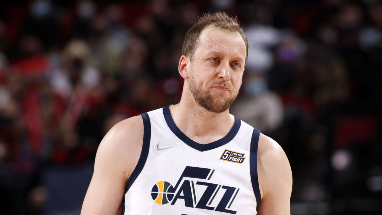 PORTLAND, OR - DECEMBER 29: Joe Ingles #2 of the Utah Jazz looks on during the game against the Portland Trail Blazers on December 29, 2021 at the Moda Center Arena in Portland, Oregon. Mandatory Copyright Notice: Copyright 2021 NBAE