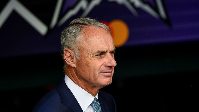 DENVER, CO - JULY 13: Commissioner of Major League Baseball Rob Manfred looks on from the National League dugout prior to the 91st MLB All-Star Game at Coors Field on July 13, 2021 in Denver, Colorado.