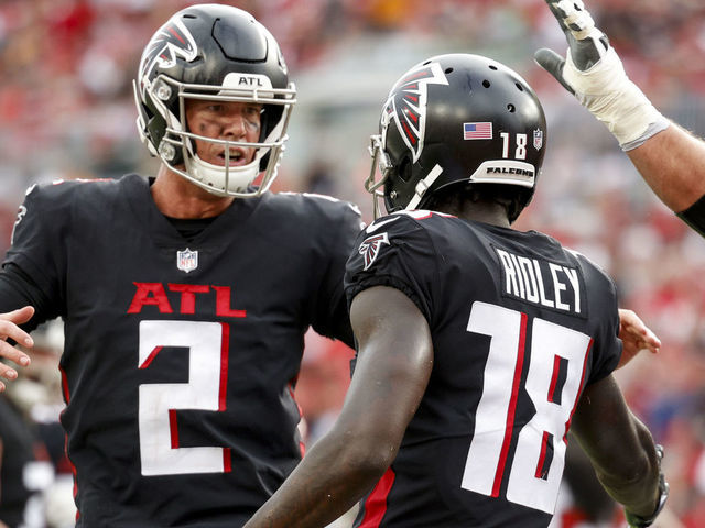 Atlanta Falcons wide receiver Calvin Ridley (18) reacts after a