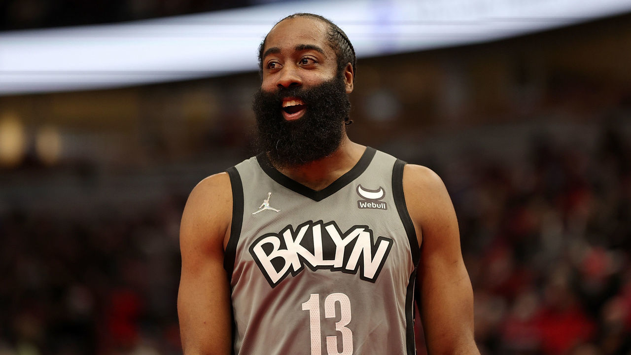 CHICAGO, ILLINOIS - JANUARY 12: James Harden #13 of the Brooklyn Nets walks backcourt during a game against the Chicago Bulls at United Center on January 12, 2022 in Chicago, Illinois.