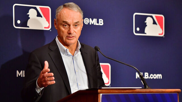 ORLANDO, FLORIDA - FEBRUARY 10: Major League Baseball Commissioner Rob Manfred answers questions during an MLB owner's meeting at the Waldorf Astoria on February 10, 2022 in Orlando, Florida. Manfred addressed the ongoing lockout of players, which owners put in place after the league's collective bargaining agreement ended on December 1, 2021.