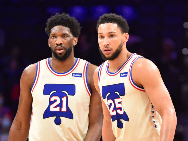 PHILADELPHIA, PA - APRIL 14: Joel Embiid #21 of the Philadelphia 76ers and Ben Simmons #25 of the Philadelphia 76ers look on during a game against the Brooklyn Nets on April 14, 2021 at Wells Fargo Center in Philadelphia, Pennsylvania. NOTE TO USER: User expressly acknowledges and agrees that, by downloading and/or using this Photograph, user is consenting to the terms and conditions of the Getty Images License Agreement. Mandatory Copyright Notice: Copyright 2021 NBAE