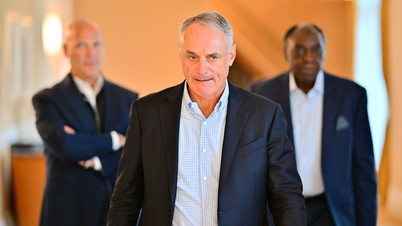 ORLANDO, FLORIDA - FEBRUARY 10: Major League Baseball Commissioner Rob Manfred walks to a press conference during an MLB owner's meeting at the Waldorf Astoria on February 10, 2022 in Orlando, Florida. Manfred addressed the ongoing lockout of players, which owners put in place after the league's collective bargaining agreement ended on December 1, 2021.