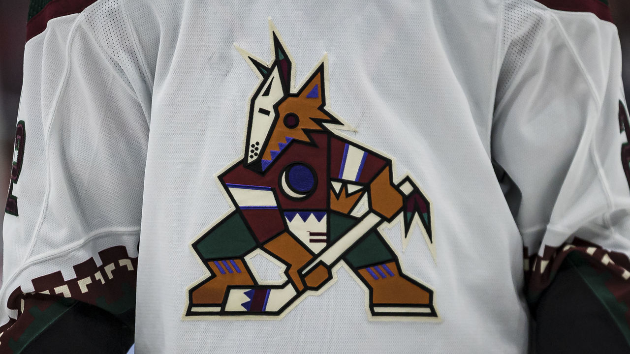WASHINGTON, DC - OCTOBER 29: A detailed view of the Arizona Coyotes logo on the jersey worn by Johan Larsson #22 of the Arizona Coyotes during the third period of the game against the Washington Capitals at Capital One Arena on October 29, 2021 in Washington, DC.