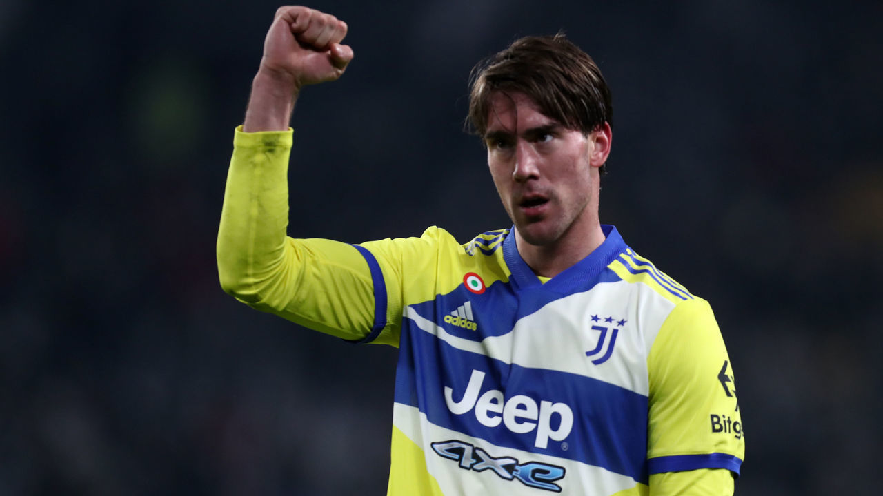 TURIN, ITALY - FEBRUARY 10: Dusan Vlahovic of Juventus FC celebrates after scoring his team's second goal during the Coppa Italia match between Juventus and US Sassuolo at Allianz Stadium on February 10, 2022 in Turin, Italy.