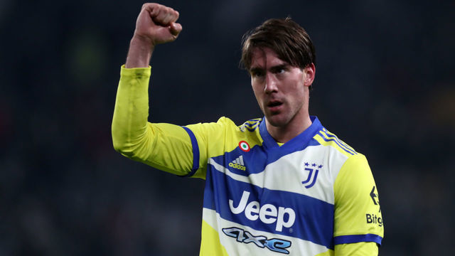 TURIN, ITALY - FEBRUARY 10: Dusan Vlahovic of Juventus FC celebrates after scoring his team's second goal during the Coppa Italia match between Juventus and US Sassuolo at Allianz Stadium on February 10, 2022 in Turin, Italy.