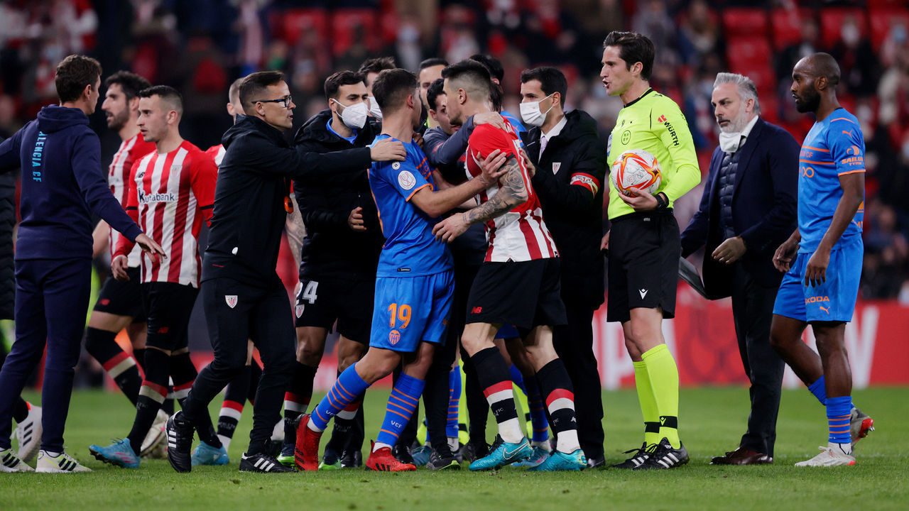 VIGO, SPAIN - FEBRUARY 10: Hugo Duro of Valencia, Yuri Berchiche of Athletic Bilbao during the Spanish Copa del Rey match between Athletic de Bilbao v Valencia at the Estadio San Mames on February 10, 2022 in Vigo Spain