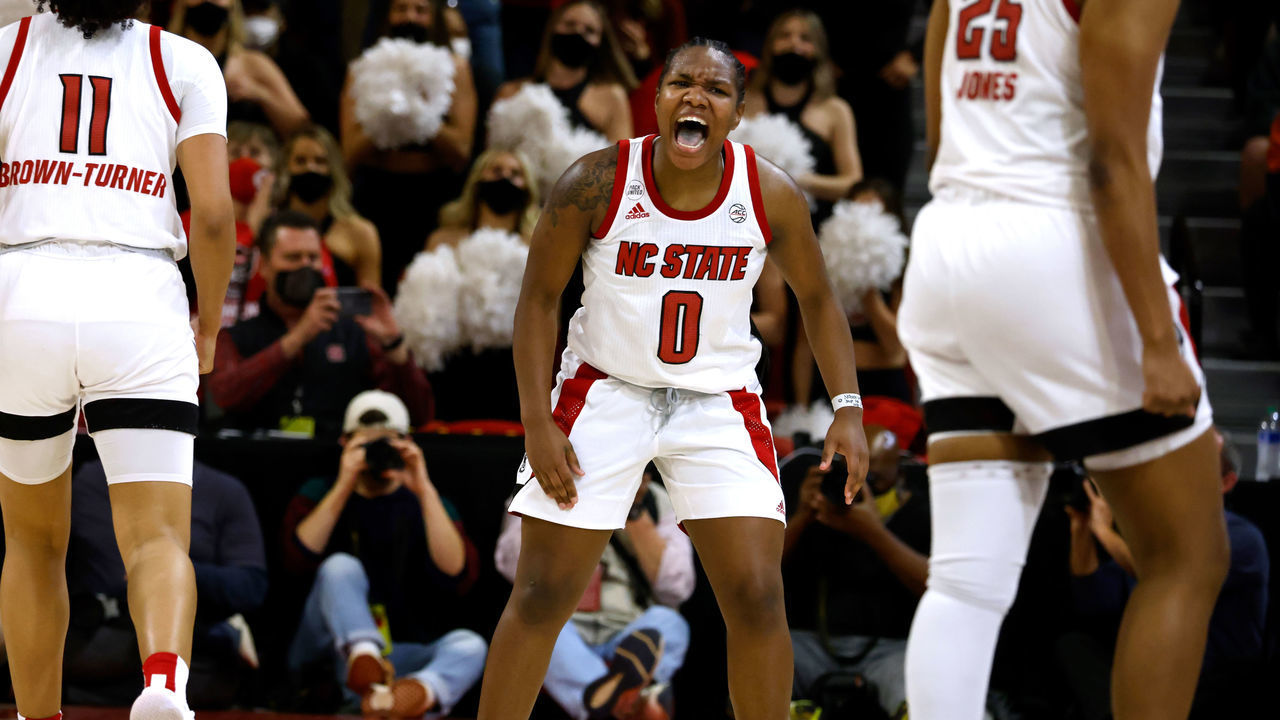 RALEIGH, NC - JANUARY 20: Diamond Johnson #0 of the NC State Wolfpack reacts during their game against the Louisville Cardinals at Reynolds Coliseum on January 20, 2022 in Raleigh, North Carolina. NC State won 68-59.