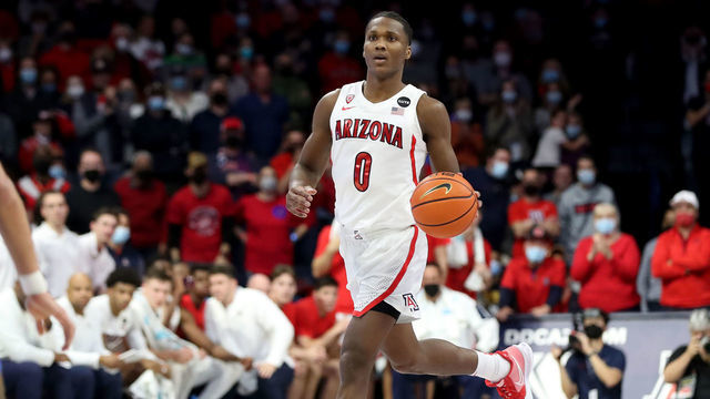 TUCSON, AZ - FEBRUARY 03: University of Arizona Wildcats guard Bennedict Mathurin #0 brings the ball up the court during a basketball game between the UCLA Bruins and the Arizona Wildcats on February 3, 2022 at McKale Center in Tucson, Arizona.