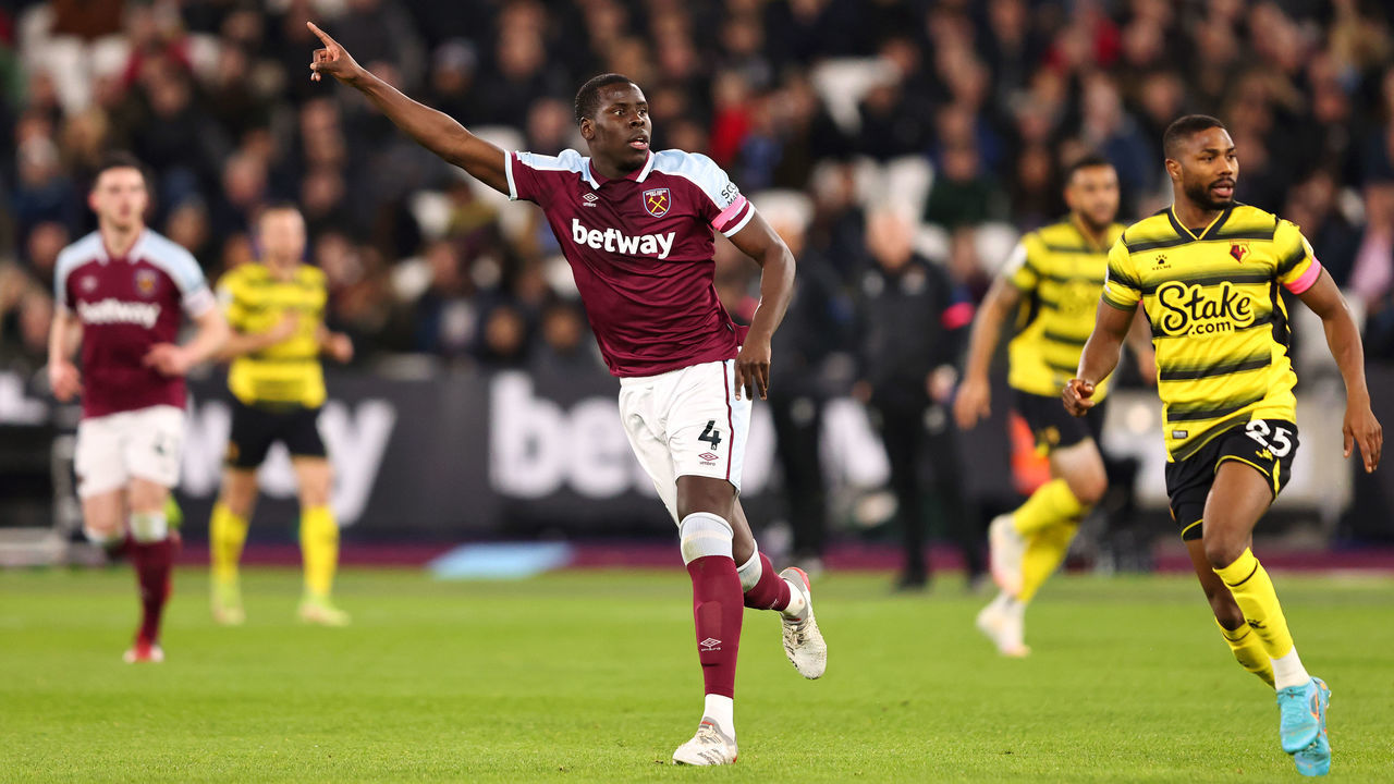 LONDON, ENGLAND - FEBRUARY 08: Kurt Zouma of West Ham United reacts during the Premier League match between West Ham United and Watford at London Stadium on February 08, 2022 in London, England.