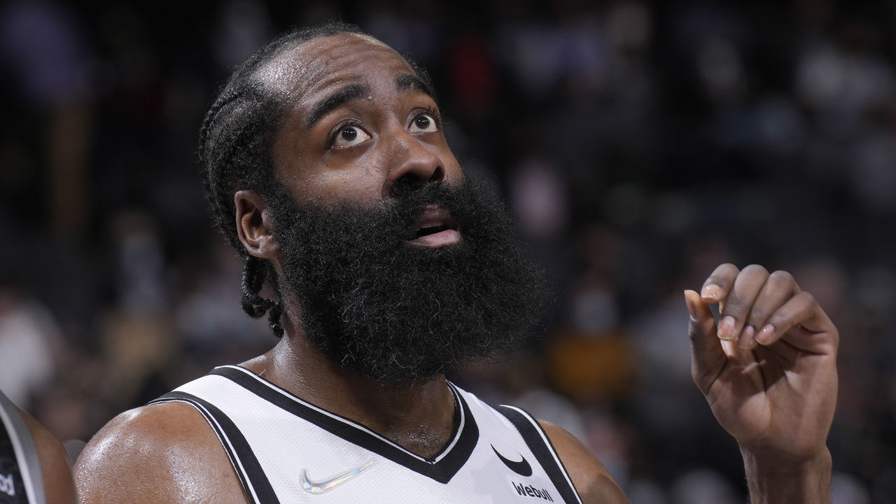 SACRAMENTO, CA - FEBRUARY 2: James Harden #13 of the Brooklyn Nets looks on during the game against the Sacramento Kings on February 2, 2022 at Golden 1 Center in Sacramento, California. NOTE TO USER: User expressly acknowledges and agrees that, by downloading and or using this photograph, User is consenting to the terms and conditions of the Getty Images Agreement. Mandatory Copyright Notice: Copyright 2022 NBAE
