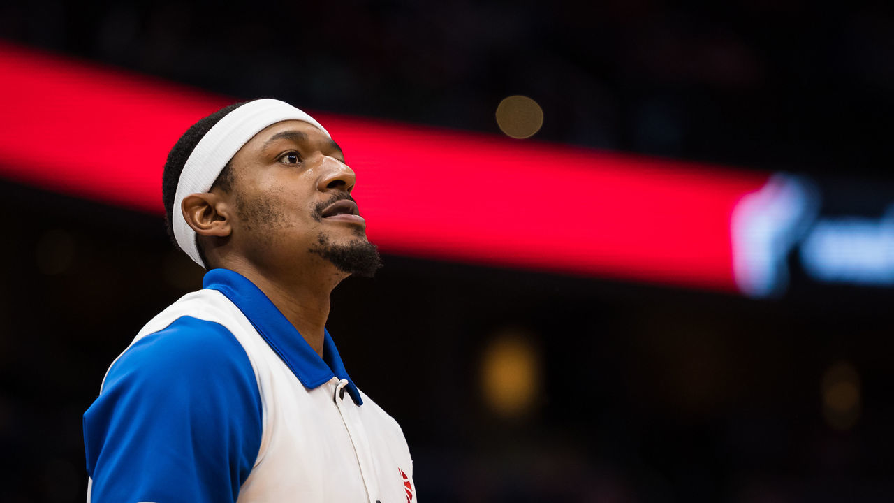 WASHINGTON, DC - JANUARY 23: Bradley Beal #3 of the Washington Wizards looks on before the game against the Boston Celtics at Capital One Arena on January 23, 2022 in Washington, DC.