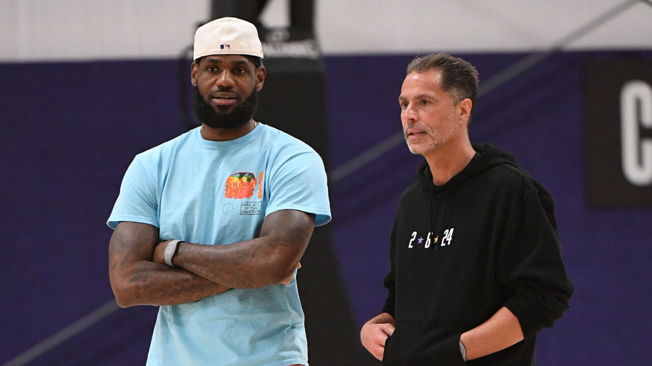LAKE BUENA VISTA, FL - OCTOBER 1: LeBron James and General Manager Rob Pelinka of the Los Angeles Lakers during practice and media availability as part of the 2020 NBA Finals on October 1, 2020 at AdventHealth Arena at ESPN Wide World of Sports Complex in Lake Buena Vista, Florida. NOTE TO USER: User expressly acknowledges and agrees that, by downloading and or using this photograph, user is consenting to the terms and conditions of Getty Images License Agreement. Mandatory Copyright Notice: Copyright 2020 NBAE