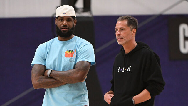 LAKE BUENA VISTA, FL - OCTOBER 1: LeBron James and General Manager Rob Pelinka of the Los Angeles Lakers during practice and media availability as part of the 2020 NBA Finals on October 1, 2020 at AdventHealth Arena at ESPN Wide World of Sports Complex in Lake Buena Vista, Florida. NOTE TO USER: User expressly acknowledges and agrees that, by downloading and or using this photograph, user is consenting to the terms and conditions of Getty Images License Agreement. Mandatory Copyright Notice: Copyright 2020 NBAE