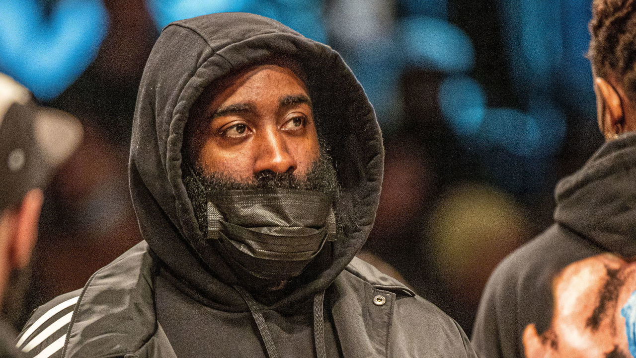 Brooklyn, N.Y.: Brooklyn Nets' James Harden, out with left hamstring tightness, is not in uniform for game against the Boston Celtics at Barclays Center, in Brooklyn, New York, on February 8, 2022.