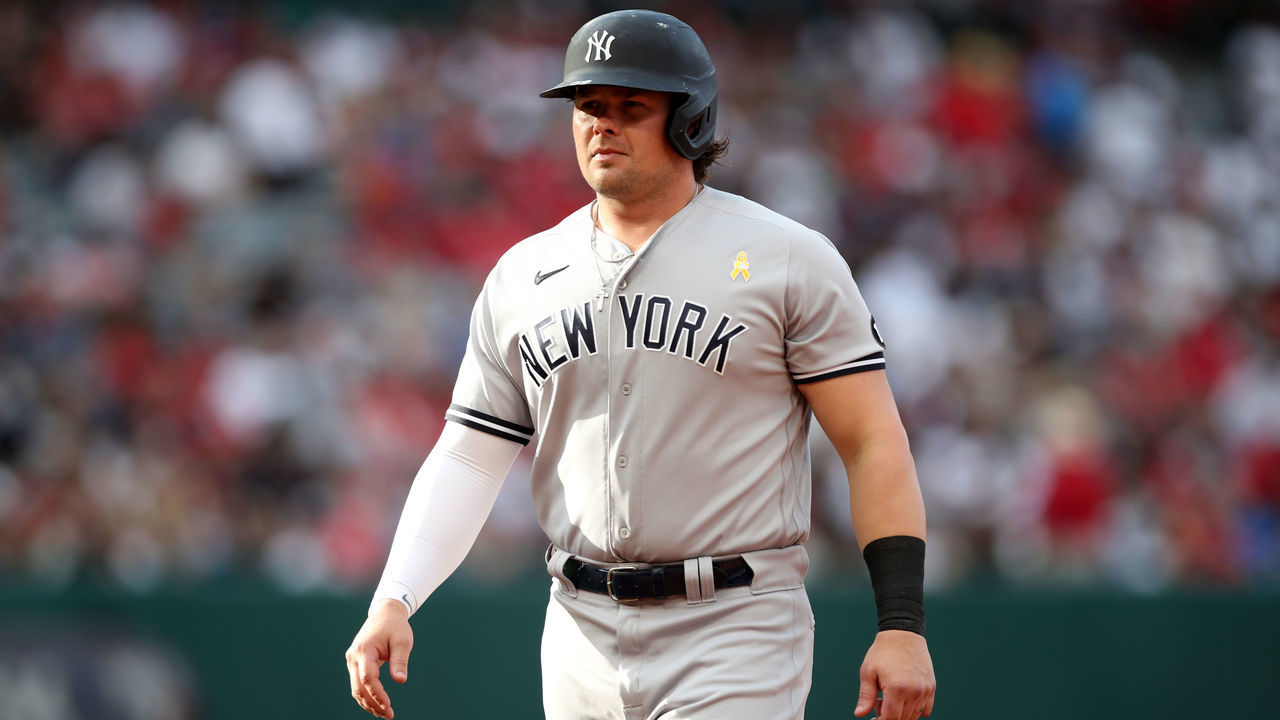 ANAHEIM, CA - SEPTEMBER 1: Luke Voit #59 of the New York Yankees looks on during the game against the Los Angeles Angels at Angel Stadium on September 1, 2021 in Anaheim, California. The Yankees defeated the Angels 4-1.