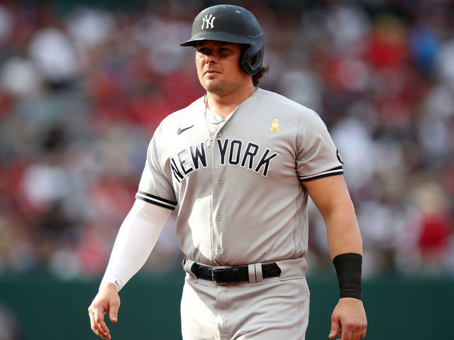 ANAHEIM, CA - SEPTEMBER 1: Luke Voit #59 of the New York Yankees looks on during the game against the Los Angeles Angels at Angel Stadium on September 1, 2021 in Anaheim, California. The Yankees defeated the Angels 4-1.
