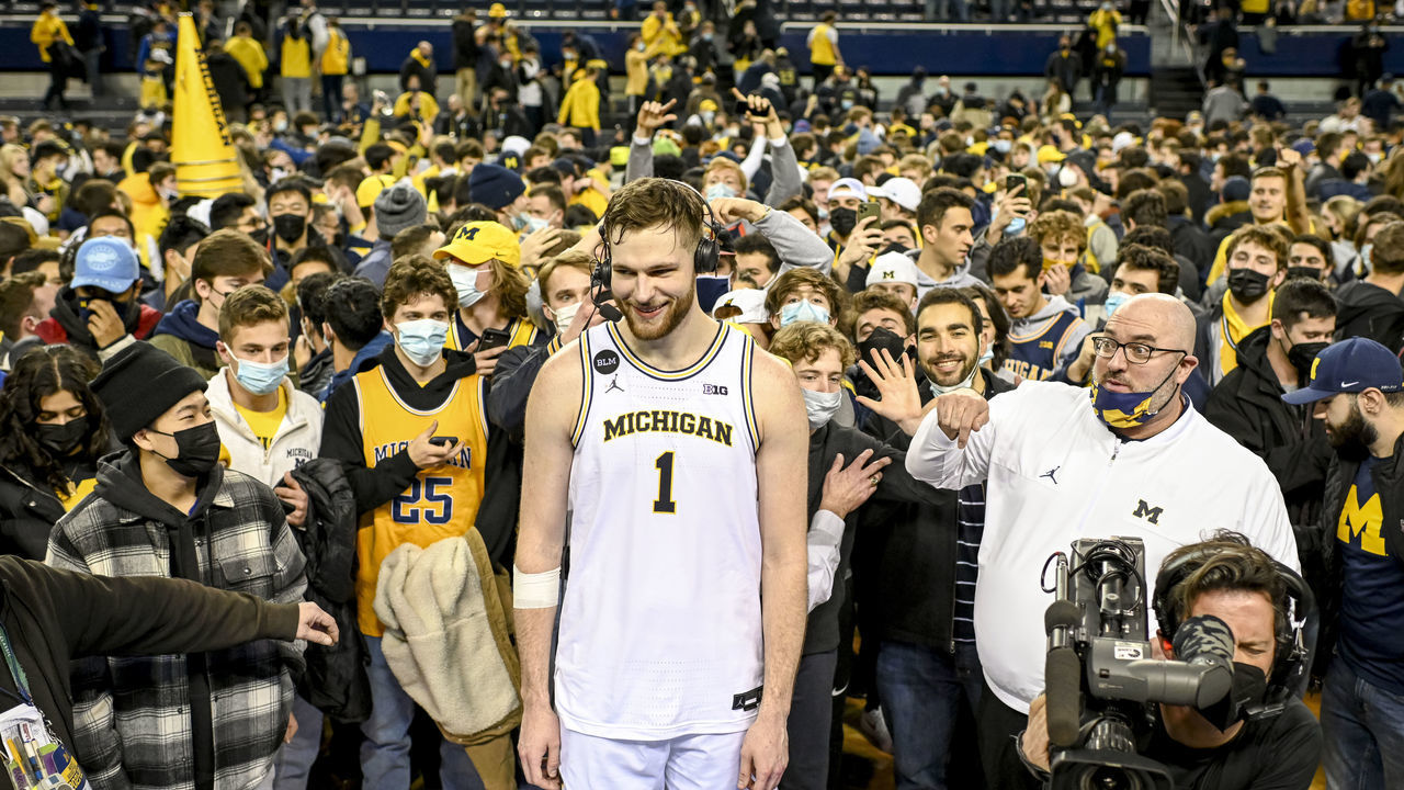 ANN ARBOR, MICHIGAN - FEBRUARY 10: Hunter Dickinson #1 of the Michigan Wolverines is interviewed after the 82-58 win over the Purdue Boilermakers at Crisler Arena on February 10, 2022 in Ann Arbor, Michigan.