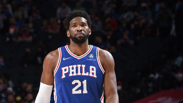 PHILADELPHIA, PA - FEBRUARY 11: Joel Embiid #21 of the Philadelphia 76ers looks on during the game against the Oklahoma City Thunder on February 11, 2022 at the Wells Fargo Center in Philadelphia, Pennsylvania NOTE TO USER: User expressly acknowledges and agrees that, by downloading and/or using this Photograph, user is consenting to the terms and conditions of the Getty Images License Agreement. Mandatory Copyright Notice: Copyright 2022 NBAE