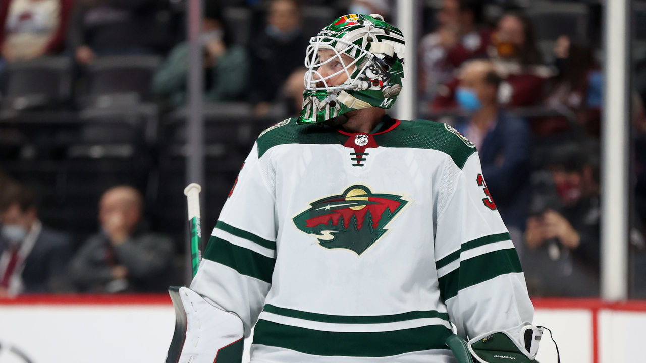 DENVER, COLORADO - SEPTEMBER 30: Andrew Hammond #35 of the Minnesota Wild tends goal against the Colorado Avalanche in the second period at Ball Arena on September 30, 2021 in Denver, Colorado.