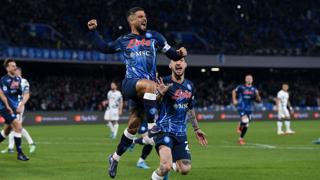 Lorenzo Insigne of SSC Napoli celebrates after scoring first goal during the Serie A match between SSC Napoli and FC Internazionale at Stadio Diego Armando Maradona, Naples, Italy on 12 February 2022.