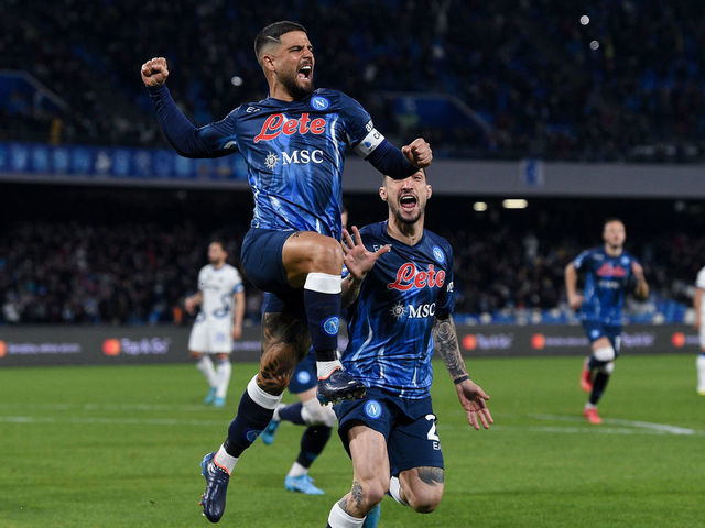 Lorenzo Insigne of SSC Napoli celebrates after scoring first goal during the Serie A match between SSC Napoli and FC Internazionale at Stadio Diego Armando Maradona, Naples, Italy on 12 February 2022.