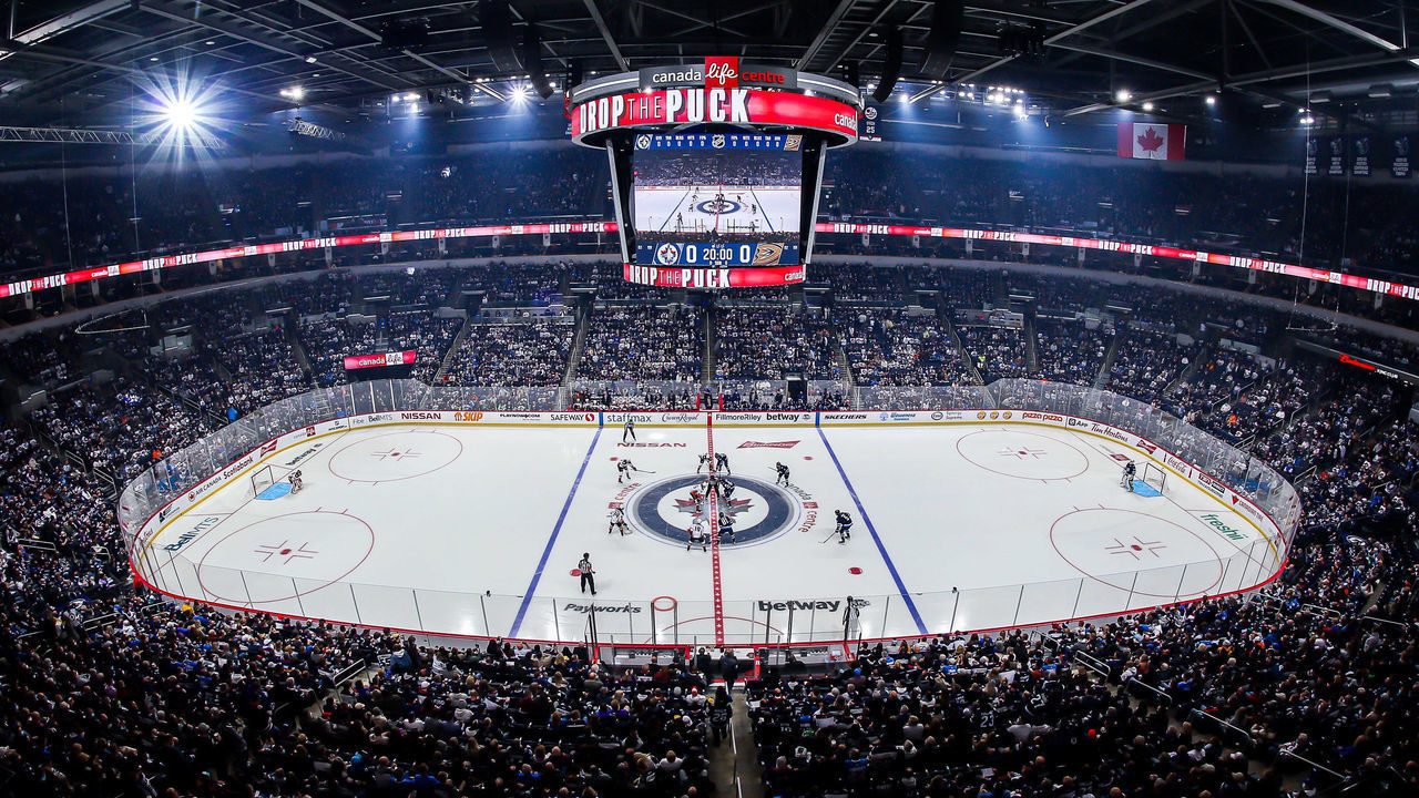 WINNIPEG, MB - OCTOBER 21: A general view of the arena bowl for the opening face-off between the Winnipeg Jets and the Anaheim Ducks at the Canada Life Centre on October 21, 2021 in Winnipeg, Manitoba, Canada.
