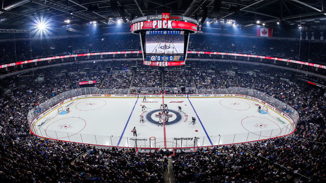 WINNIPEG, MB - OCTOBER 21: A general view of the arena bowl for the opening face-off between the Winnipeg Jets and the Anaheim Ducks at the Canada Life Centre on October 21, 2021 in Winnipeg, Manitoba, Canada.