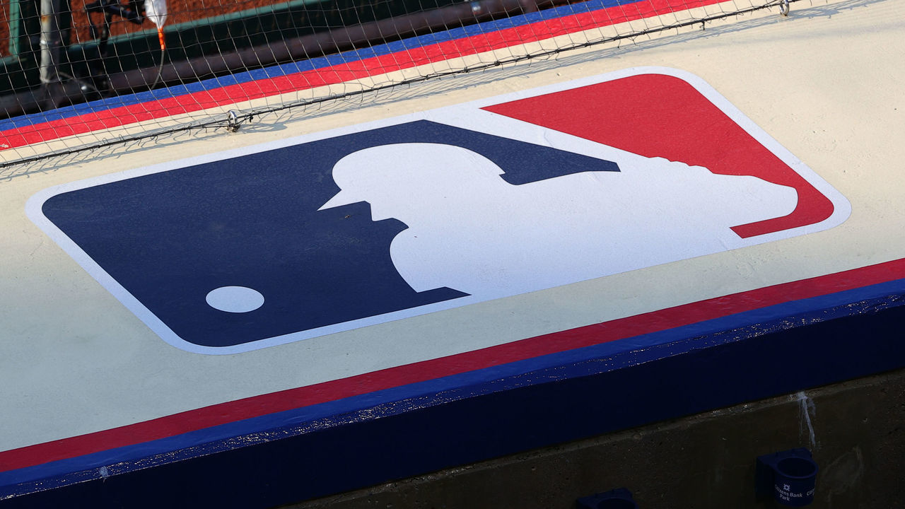 PHILADELPHIA, PA - SEPTEMBER 20: A general view of the Major League Baseball logo atop the Philadelphia Phillies dugout during the Major League Baseball game between the Philadelphia Phillies and the Toronto Blue Jays on September 20, 2020 at Citizens Bank Park in Philadelphia, PA.
