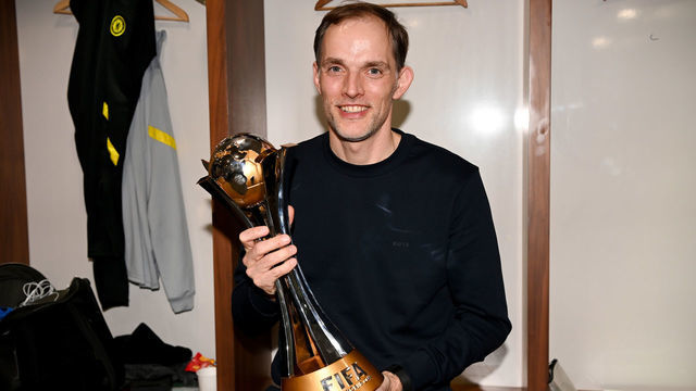 ABU DHABI, UNITED ARAB EMIRATES - FEBRUARY 12: Thomas Tuchel, Manager of Chelsea poses with the FIFA Club World Cup trophy in the dressing room following victory in the FIFA Club World Cup UAE 2021 Final match between Chelsea and Palmeiras at Mohammed Bin Zayed Stadium on February 12, 2022 in Abu Dhabi, United Arab Emirates.