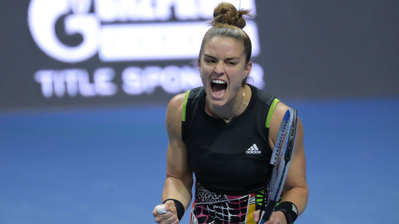 ST PETERSBURG, RUSSIA - FEBRUARY 12: Maria Sakkari reacts during the semi-final match WTA St Petersburg Ladies Trophy on February 12, 2022, at Sibur Arena in Saint Petersburg, Russia.