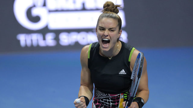 ST PETERSBURG, RUSSIA - FEBRUARY 12: Maria Sakkari reacts during the semi-final match WTA St Petersburg Ladies Trophy on February 12, 2022, at Sibur Arena in Saint Petersburg, Russia.
